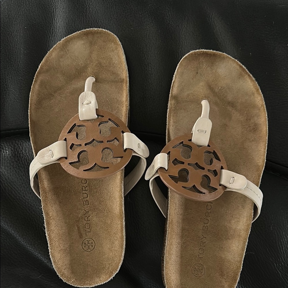 Tory Burch Cream and Brown Sandals with Medallion Detail -Like New